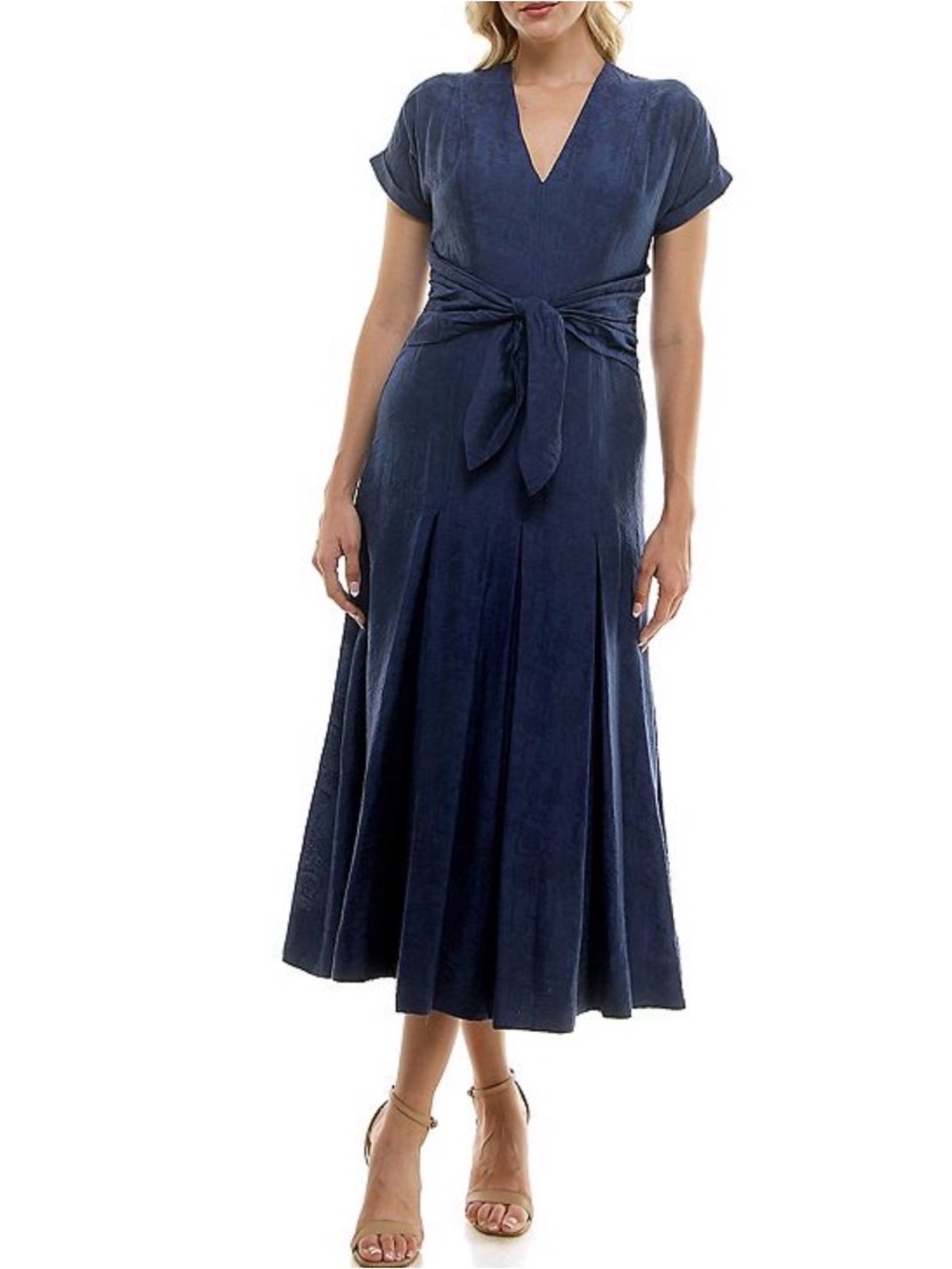 Taylor Navy V-Neck Tie-Waist Maxi Dress NWT - Picture 3 of 7